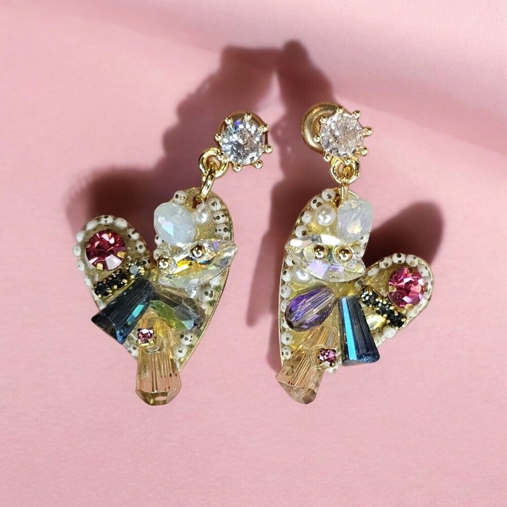 Heart Jeweled Stud‎ Dangle Earrings Maximalist Anime Pierced Multi-gem Gold